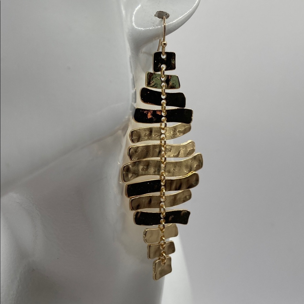 Gold Tone Fishbone Ladder Dangle Earrings Whimsygoth Wedding Guest 3”L - Picture 8 of 8